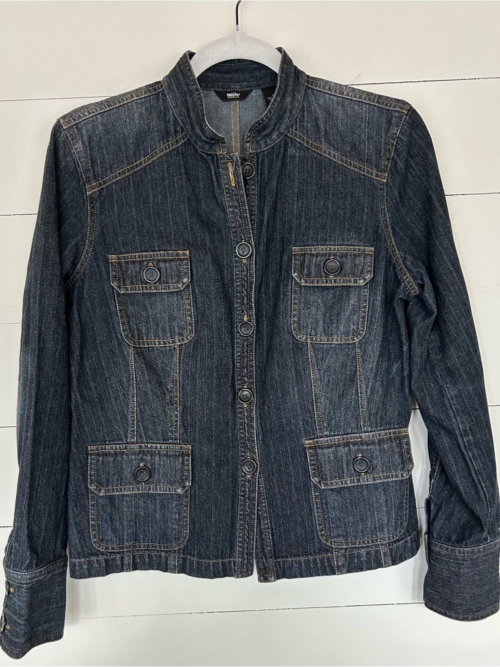 Mossimo Dark Indigo Denim Jacket with Four Pockets and a Button Front. Size M